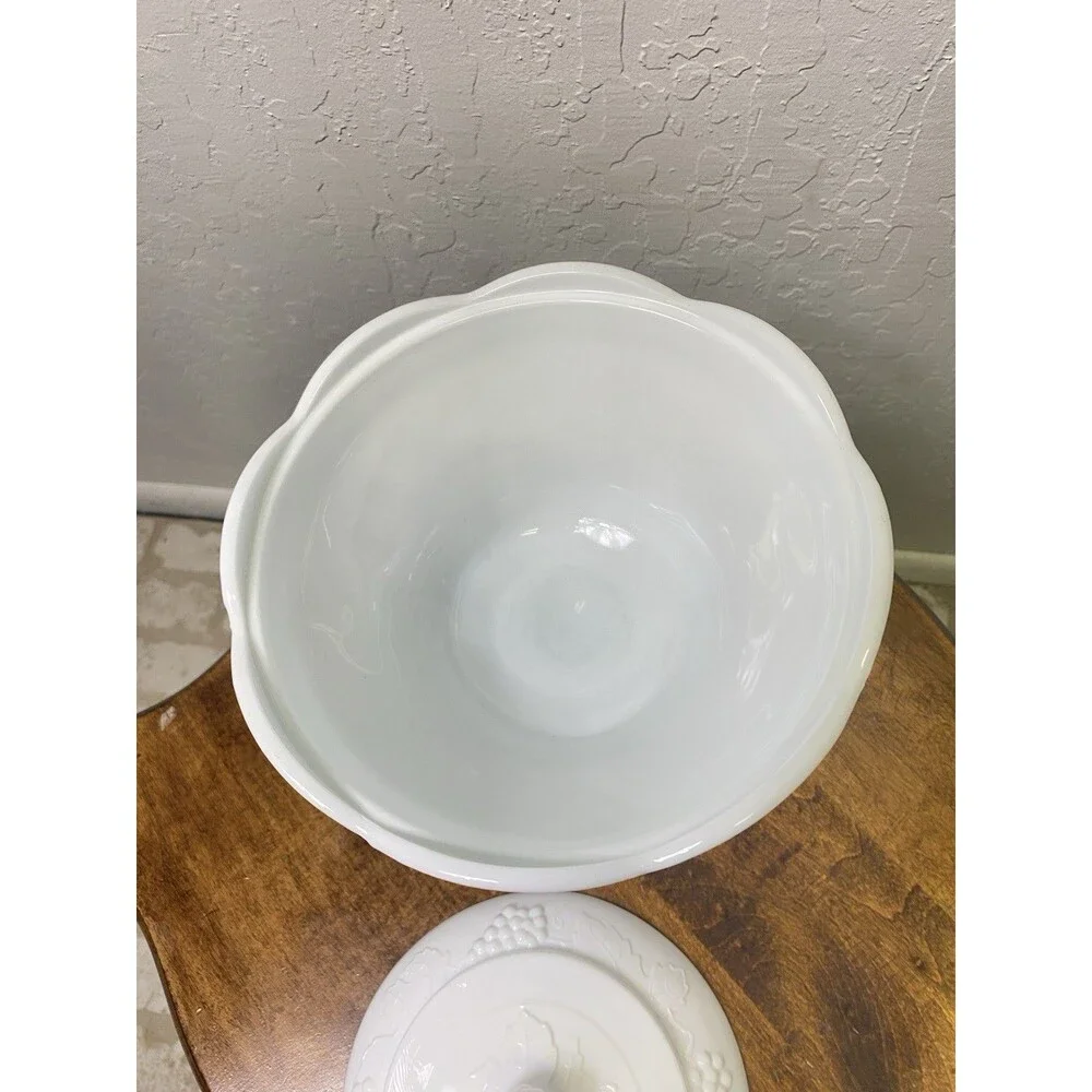Vintage White Milk Glass Covered Compote Dish Grape Pattern Pedestal Bowl 10 in